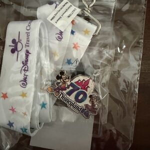 70th anniversary Disneyland Lanyard and Pin White wi Red & Purple Accents. NIP